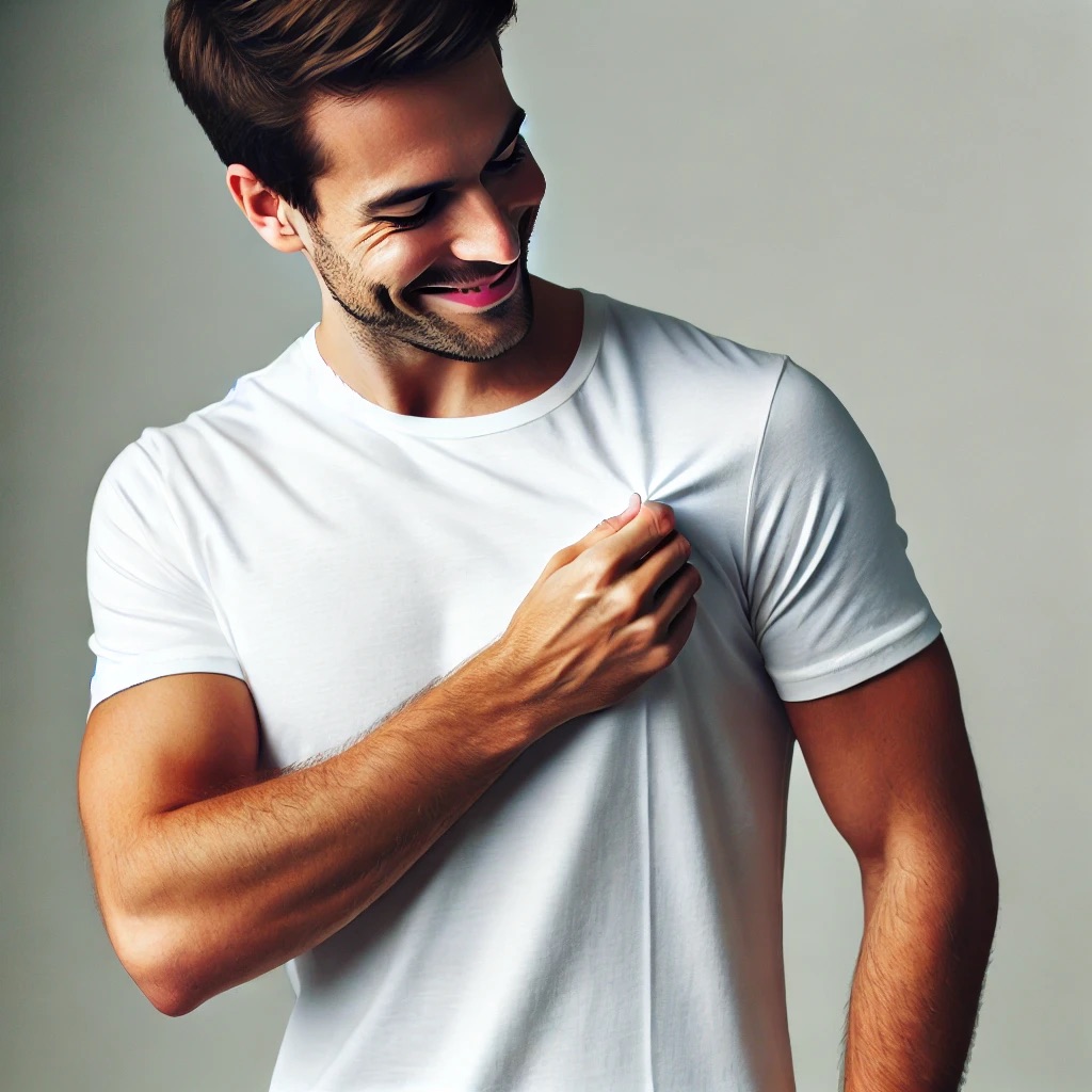 DALL·E 2024-09-08 19.25.31 - A man admiring his new white t-shirt. He stands confidently, smiling as he looks at the shirt, pleased with how it fits. The t-shirt is clean and cris